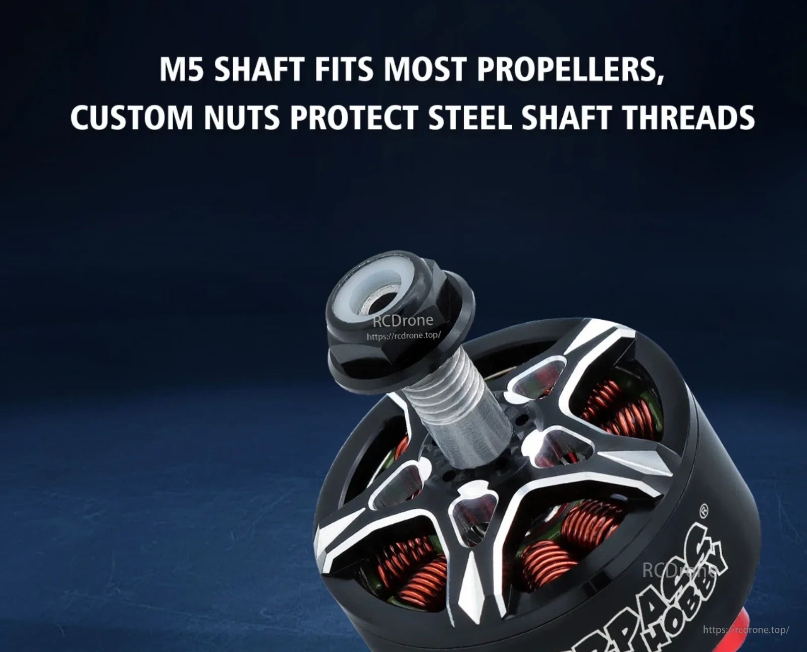 M5 propeller shaft and custom nut on the Surpass Hobby BAT FPV motor