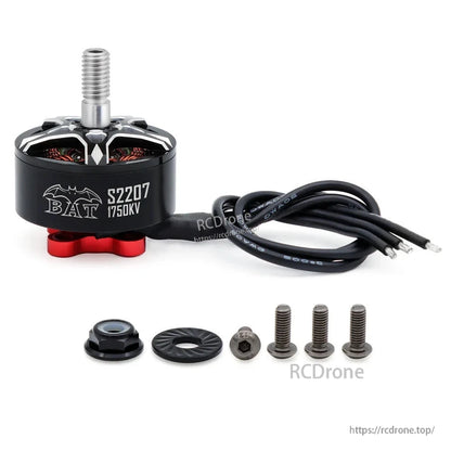 BAT S2207 1750KV motor with attached wires, prop nut, washer, and mounting screws