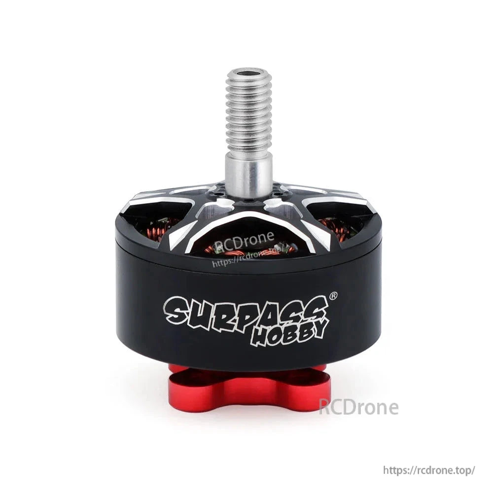 Rear side view of the brushless motor with Surpass Hobby logo and threaded shaft