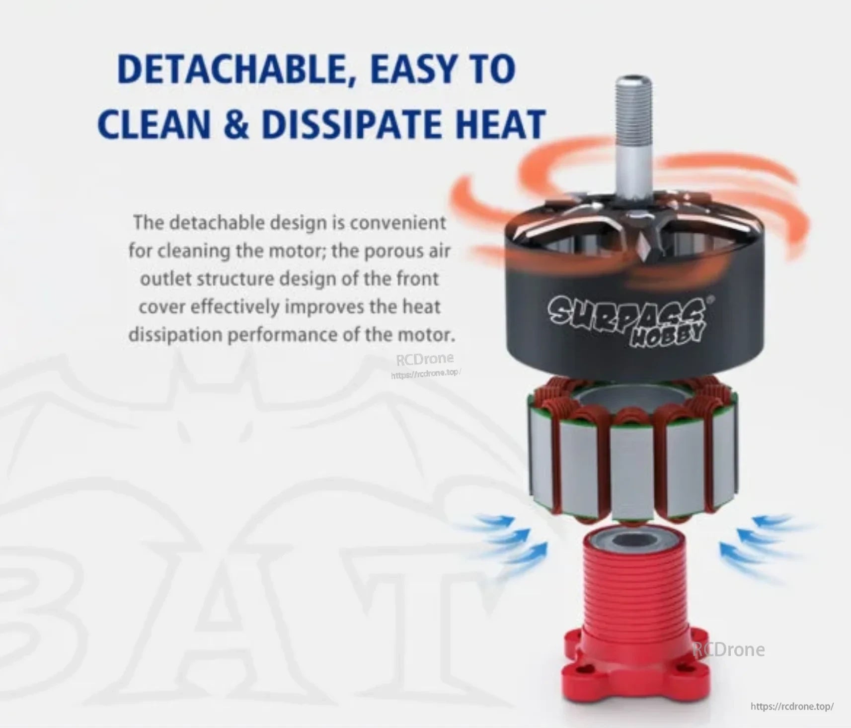Exploded view of BAT S2306.5 detachable motor bell, stator, and base