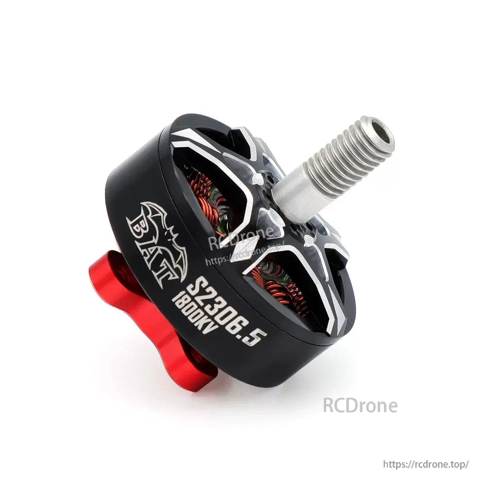 Angled side view of BAT S2306.5 1800KV motor showing red base and exposed windings