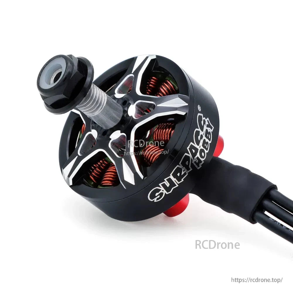 Surpass Hobby branded motor side view with cable exit and black prop nut