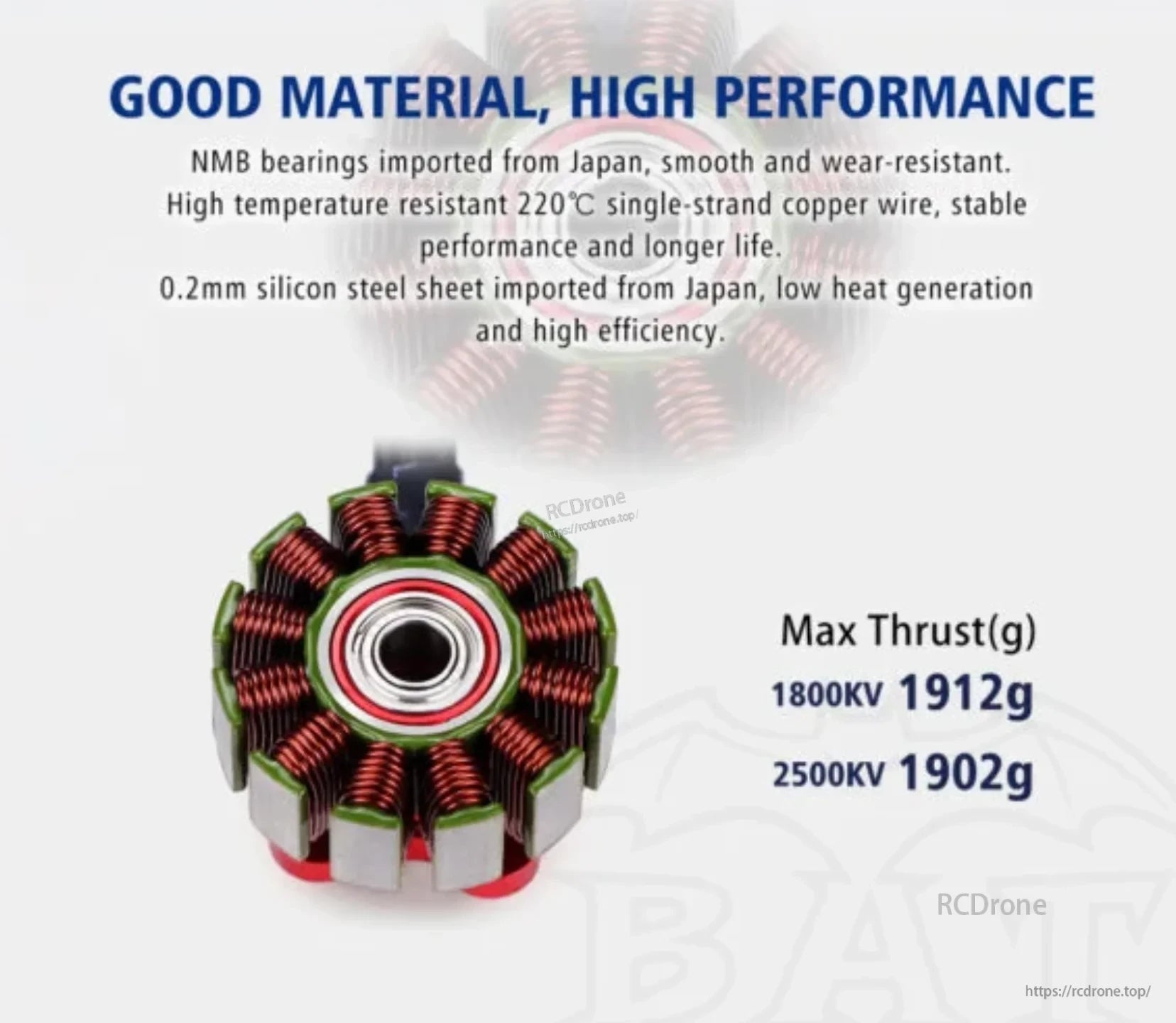 BAT S2306.5 motor stator with copper windings, NMB bearing, and listed maximum thrust