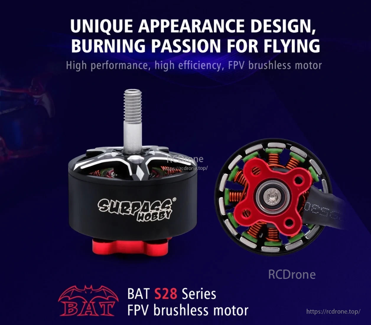 Surpass Hobby BAT S2807 FPV brushless motor with M5 shaft and exposed stator view