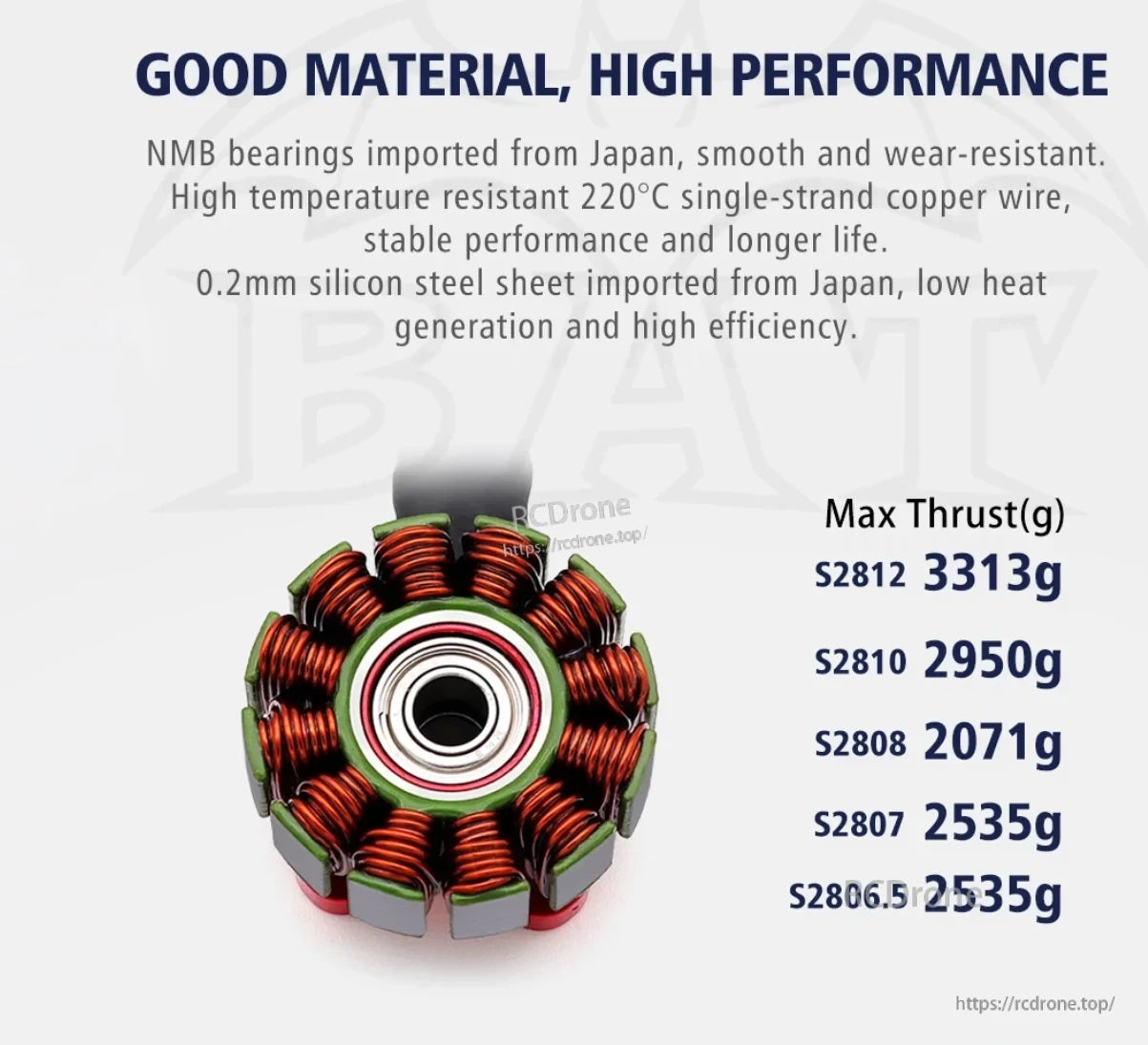 S2807 motor stator with copper windings, NMB bearing, and silicon steel laminations
