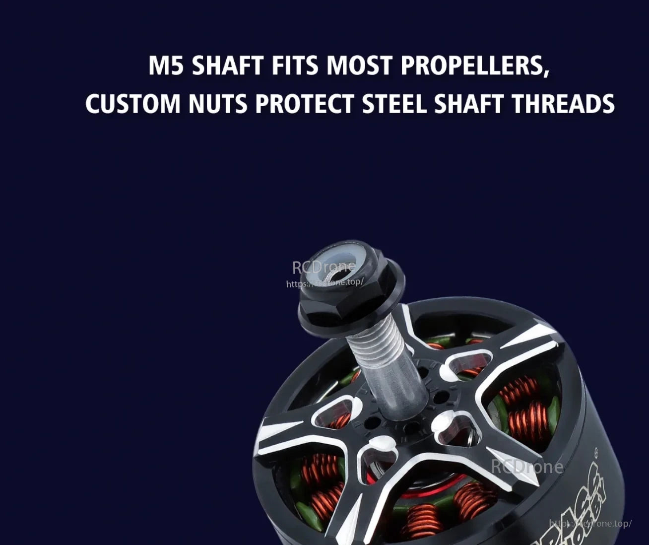 Close-up of the S2807 threaded M5 shaft with a protective propeller nut
