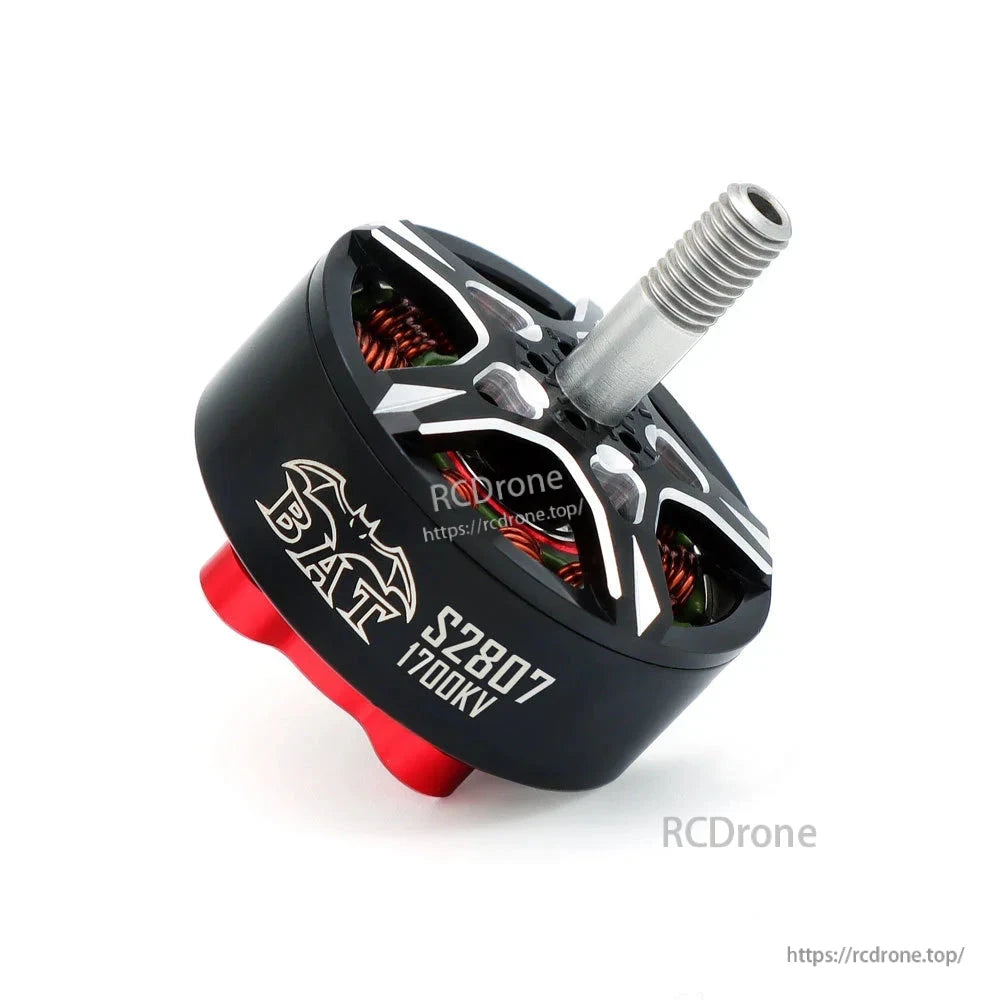 Angled view of BAT S2807 1700KV motor showing black bell, copper windings, and threaded shaft