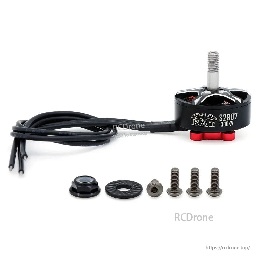BAT S2807 1300KV motor package contents with lead, prop adapter, mounting screws, and washer