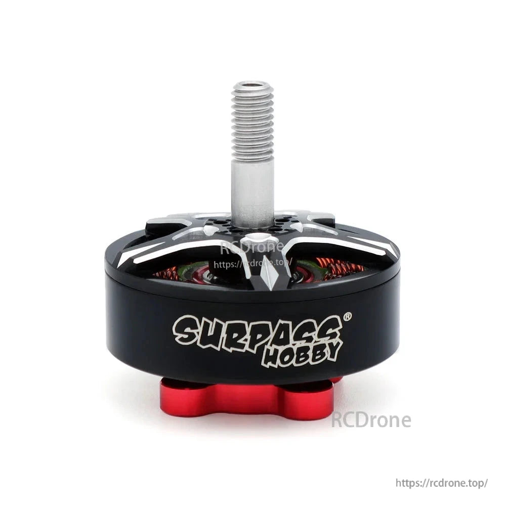 Front view of Surpass Hobby BAT S2807 motor with exposed copper windings and red mounting base