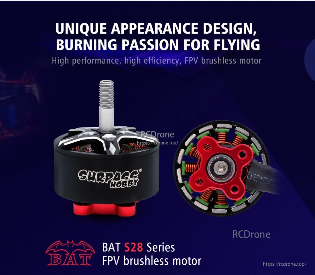 Surpass Hobby BAT S2810 FPV brushless motor with red base, threaded M5 shaft, and exposed stator