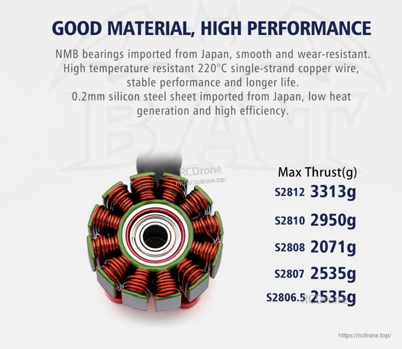 Close view of the BAT S2810 motor stator with copper windings, magnets, and center bearing