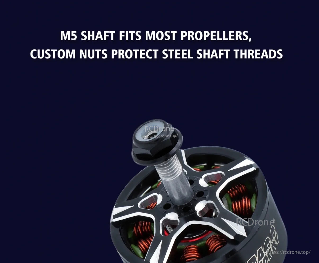 BAT S2810 brushless motor top with threaded M5 steel propeller shaft and protective custom nut