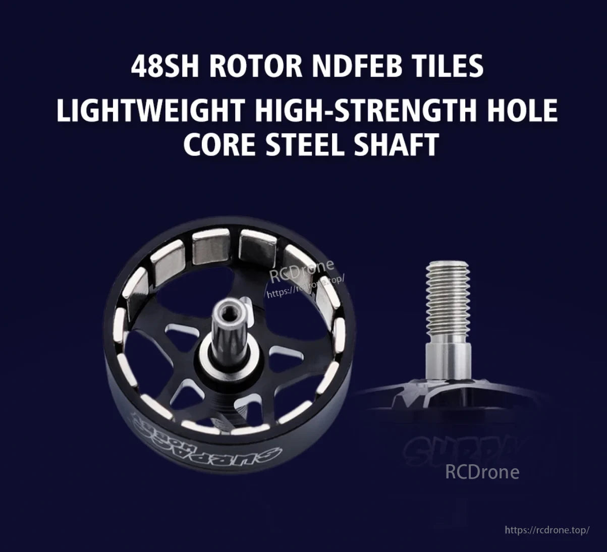 BAT S2810 rotor bell with 48SH rotor, NdFeB magnet tiles, and hollow-core steel shaft