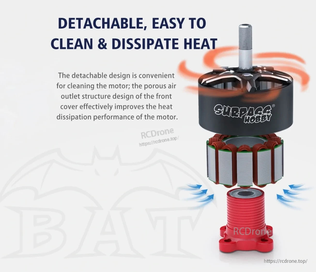 Exploded view of the Surpass Hobby BAT S2810 motor showing detachable rotor, stator, and base
