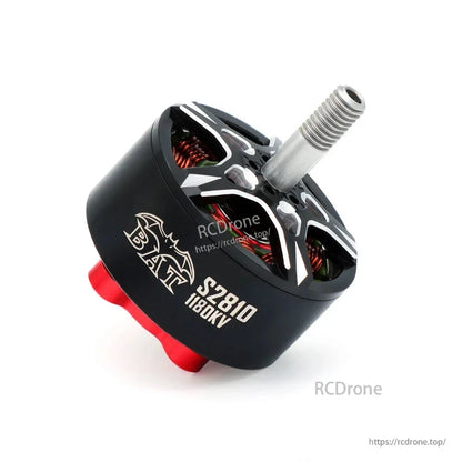 Angled BAT S2810 1180KV motor view with black housing, exposed windings, and red mounting base