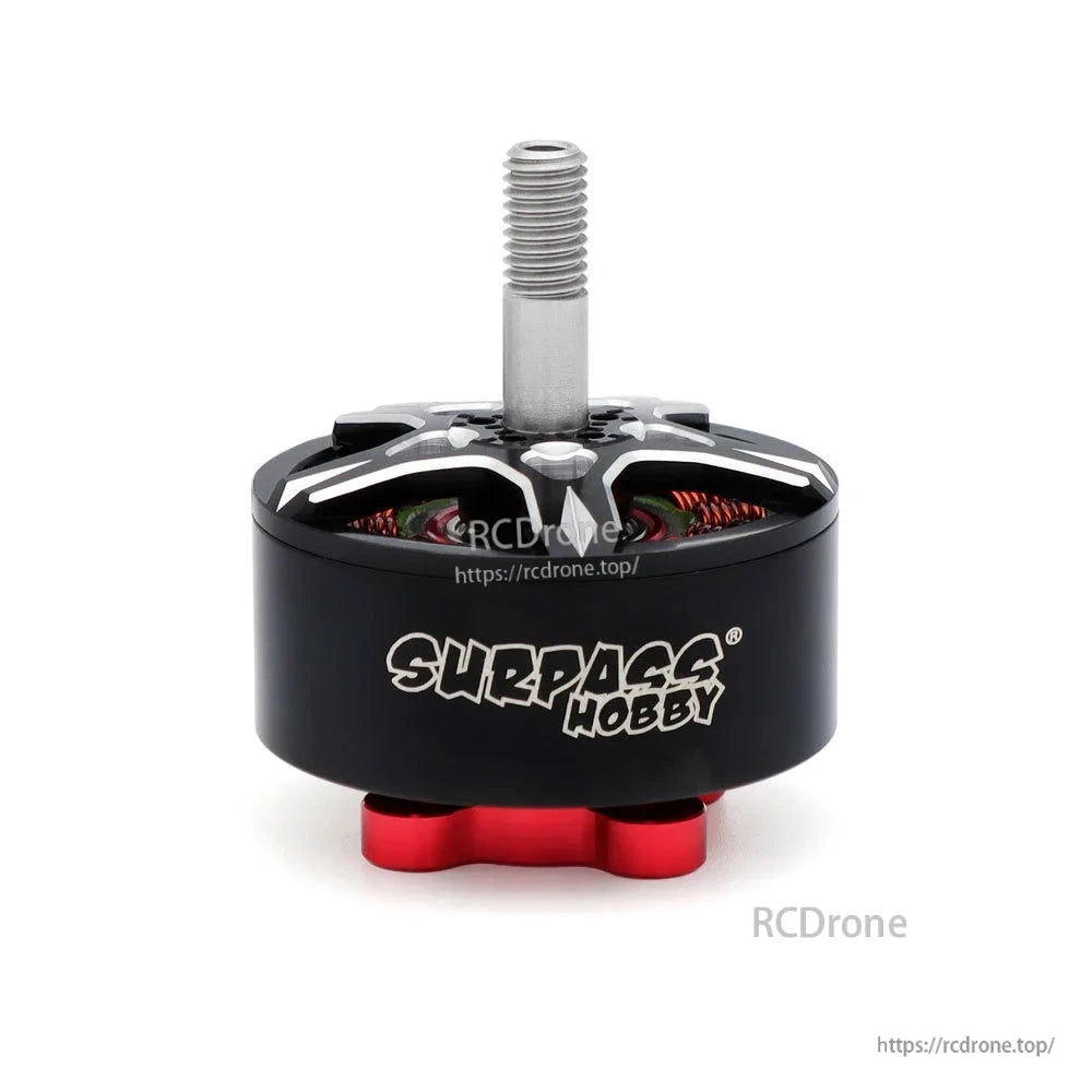 Surpass Hobby branded motor housing with upright threaded shaft and red mounting base
