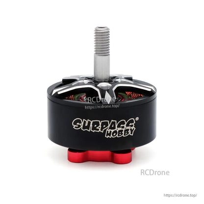 Surpass Hobby branded motor housing with upright threaded shaft and red mounting base