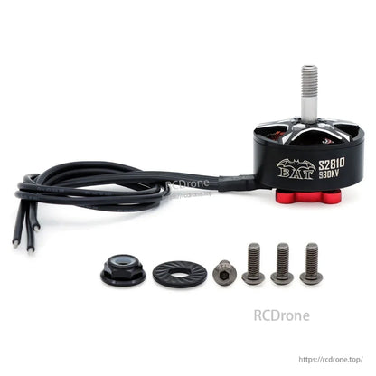 Surpass Hobby BAT S2810 980KV motor with cable leads, prop adapter, washer, nut, and screws