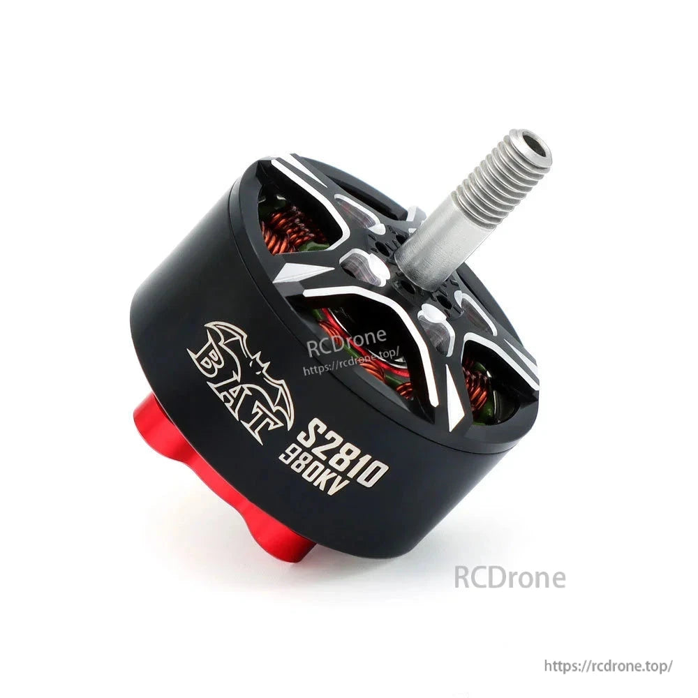 Angled view of BAT S2810 980KV motor showing side marking, threaded shaft, and red base