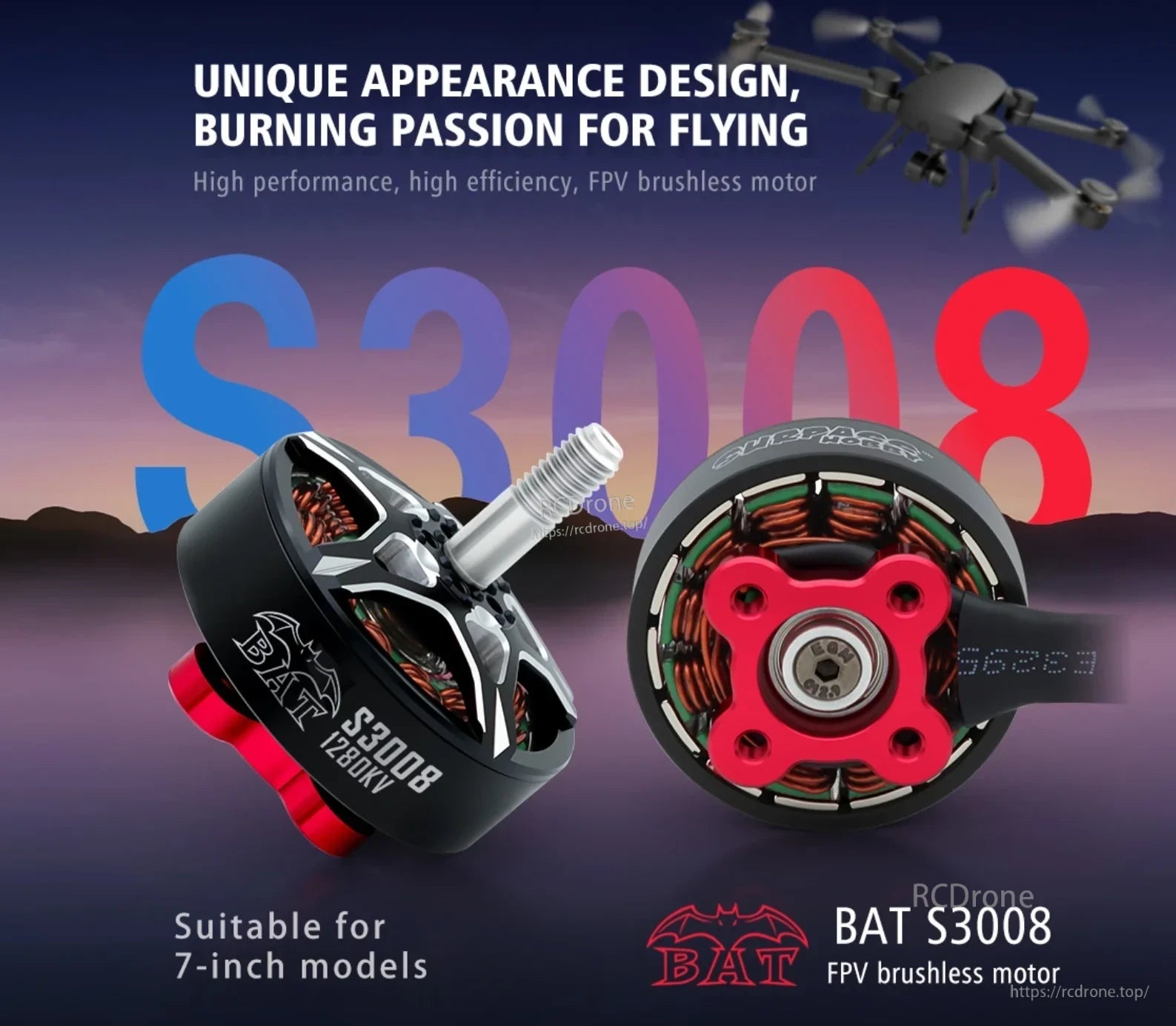 Surpass Hobby BAT S3008 brushless motor for 7-inch FPV drones, front and rear views