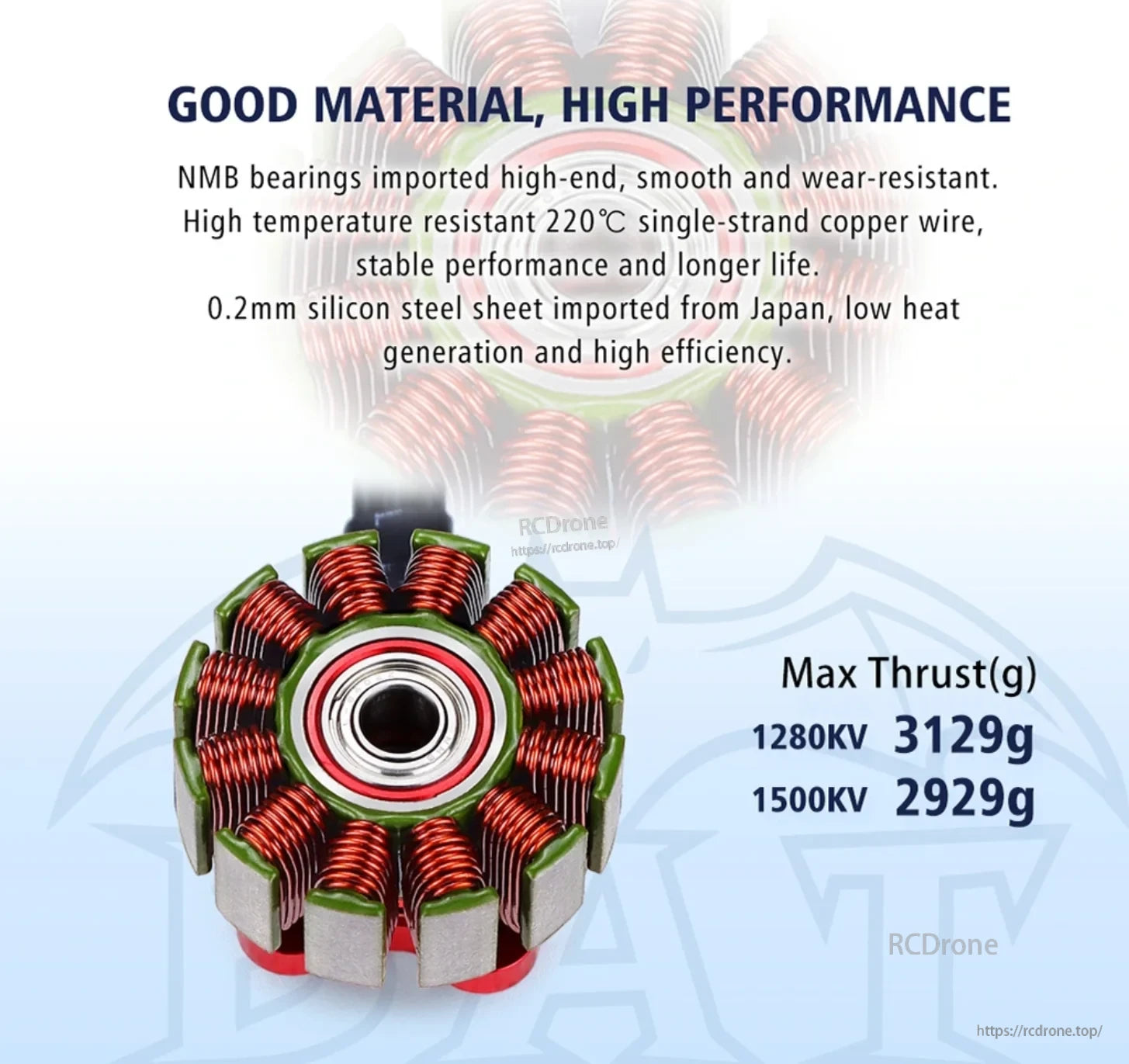 BAT S3008 stator with copper windings and NMB bearing, listing 1280KV and 1500KV thrust