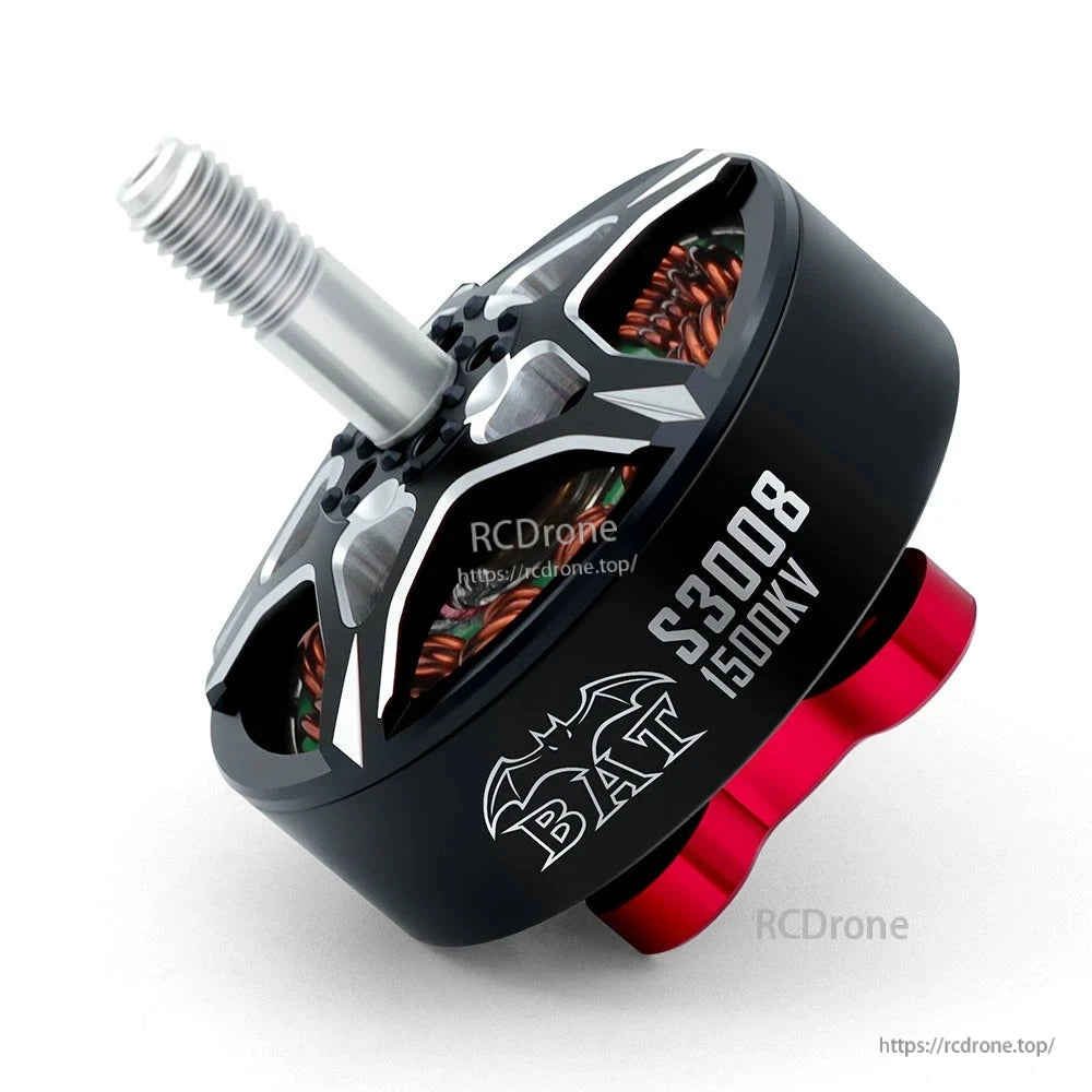 Angled side view showing BAT S3008 1500KV marking, bell housing, and red motor base