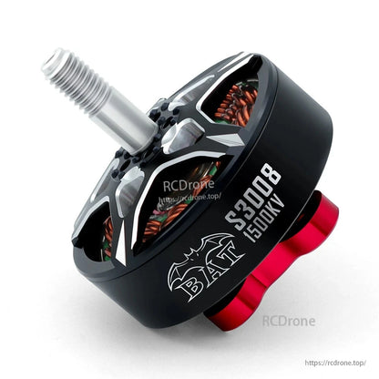 Angled side view showing BAT S3008 1500KV marking, bell housing, and red motor base