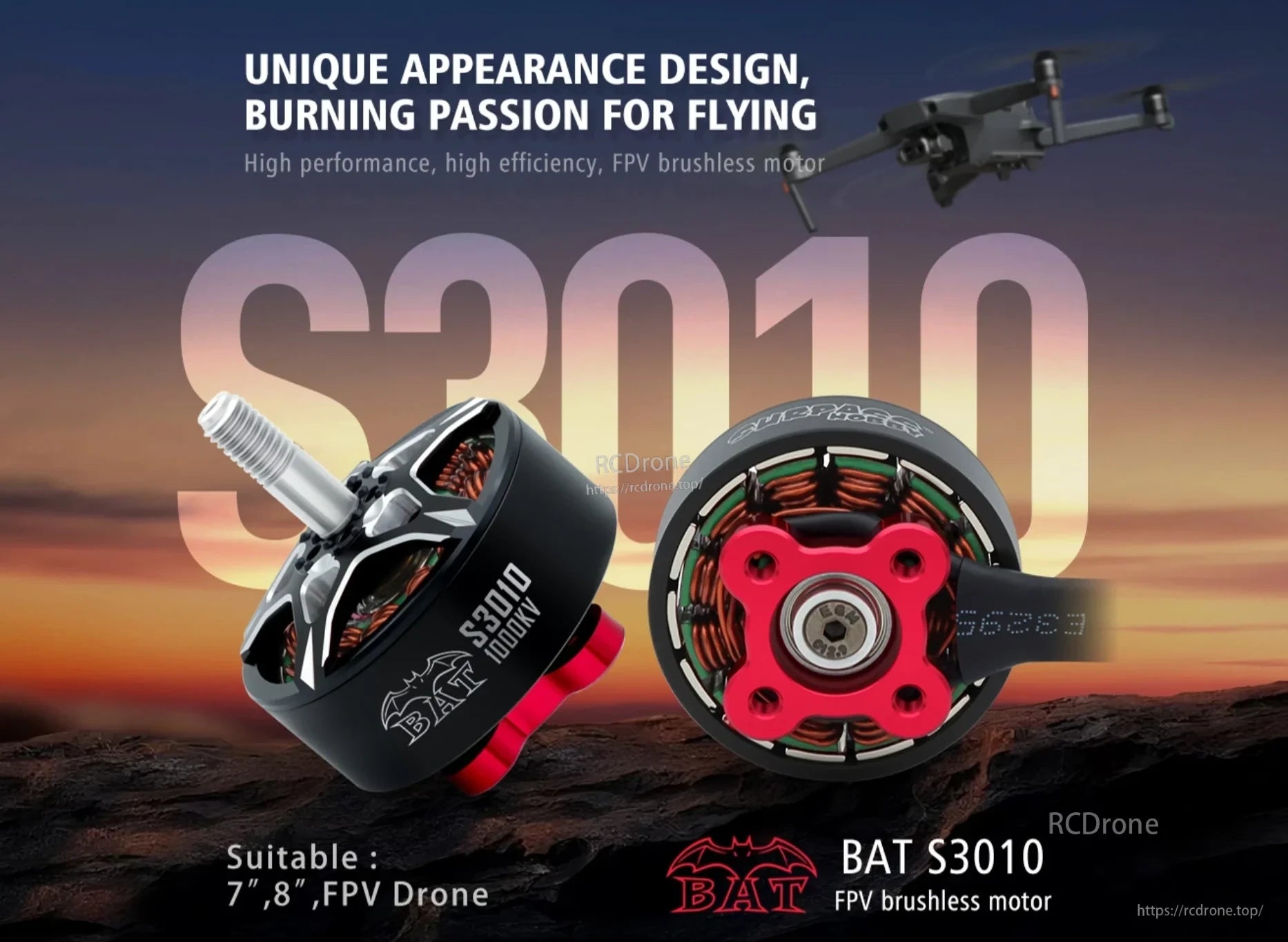 Surpass Hobby BAT S3010 FPV brushless motor for 7–8 inch drones, with front and rear views