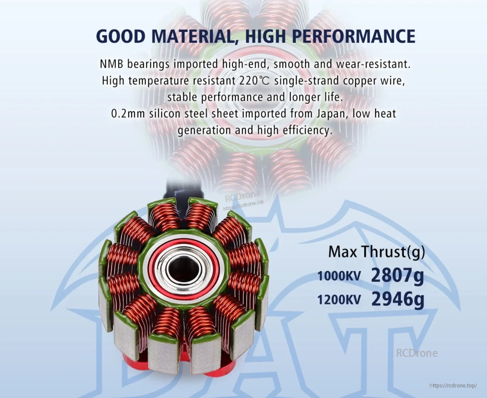 BAT S3010 motor stator with copper windings, NMB bearing, and maximum-thrust ratings by KV