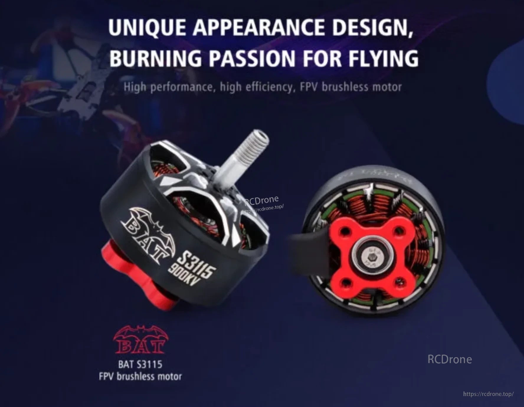 Surpass Hobby BAT S3115 FPV brushless motor with 900KV marking and exposed stator view