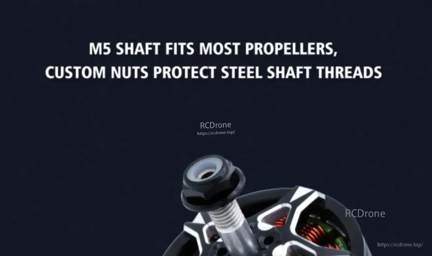 Close-up of BAT S3115 M5 threaded propeller shaft and protective custom nut