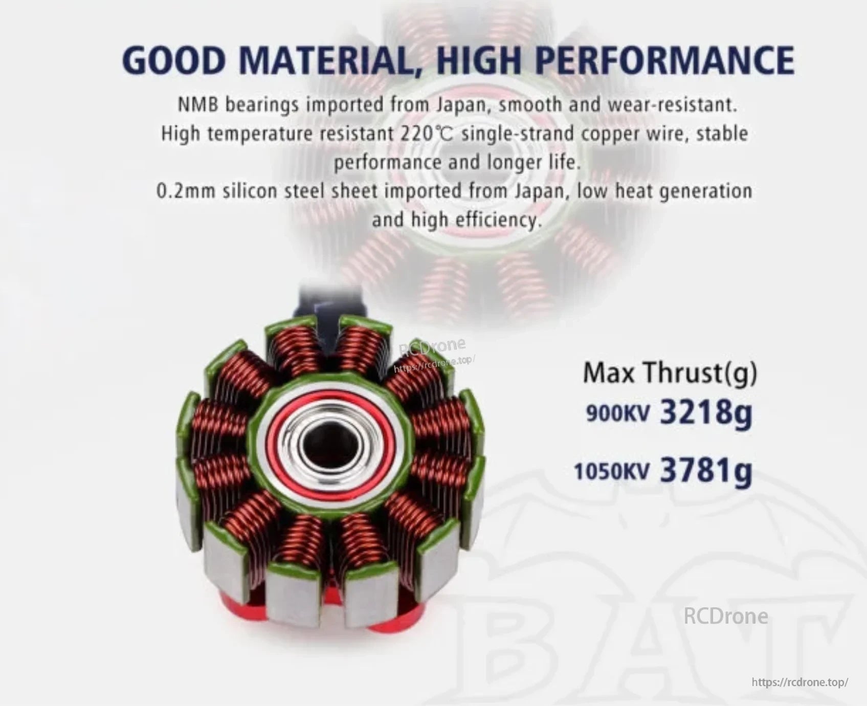 BAT S3115 motor stator with copper windings, NMB bearing, and listed 900KV and 1050KV thrust