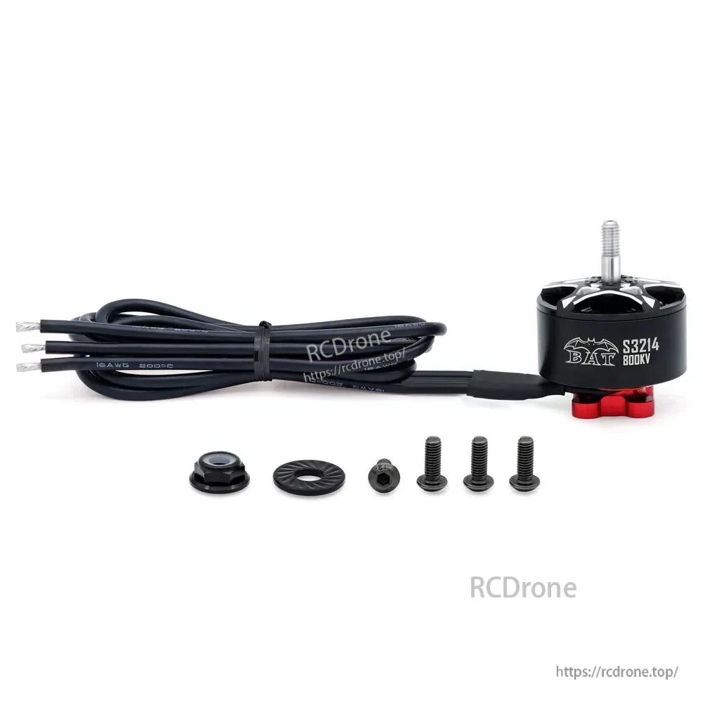 BAT S3214 800KV multirotor brushless motor with lead wires, prop adapter, and mounting hardware