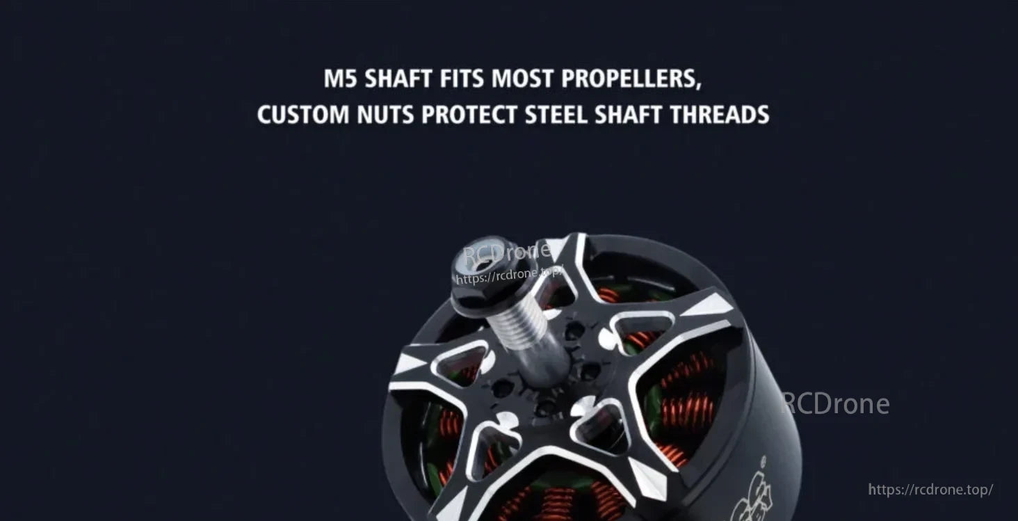 Close-up of BAT S3220 M5 threaded propeller shaft with protective nut