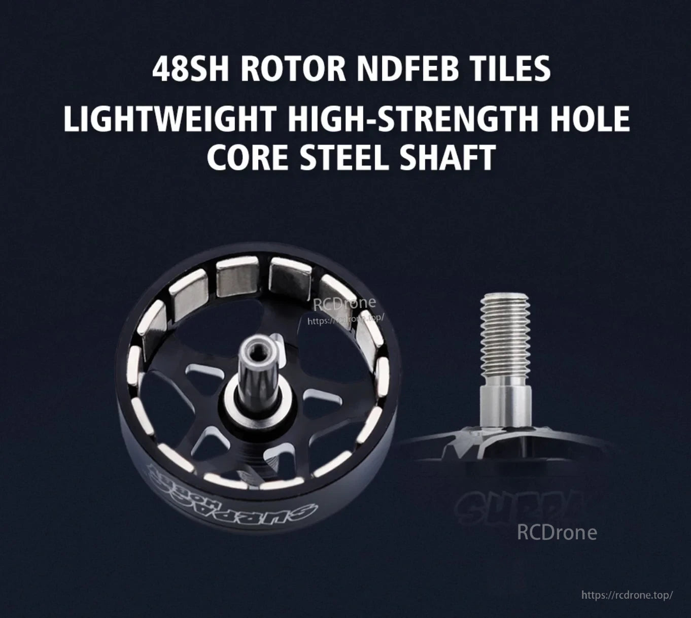 BAT S4214 rotor assembly showing 48SH rotor magnet tiles and lightweight hole-core steel shaft
