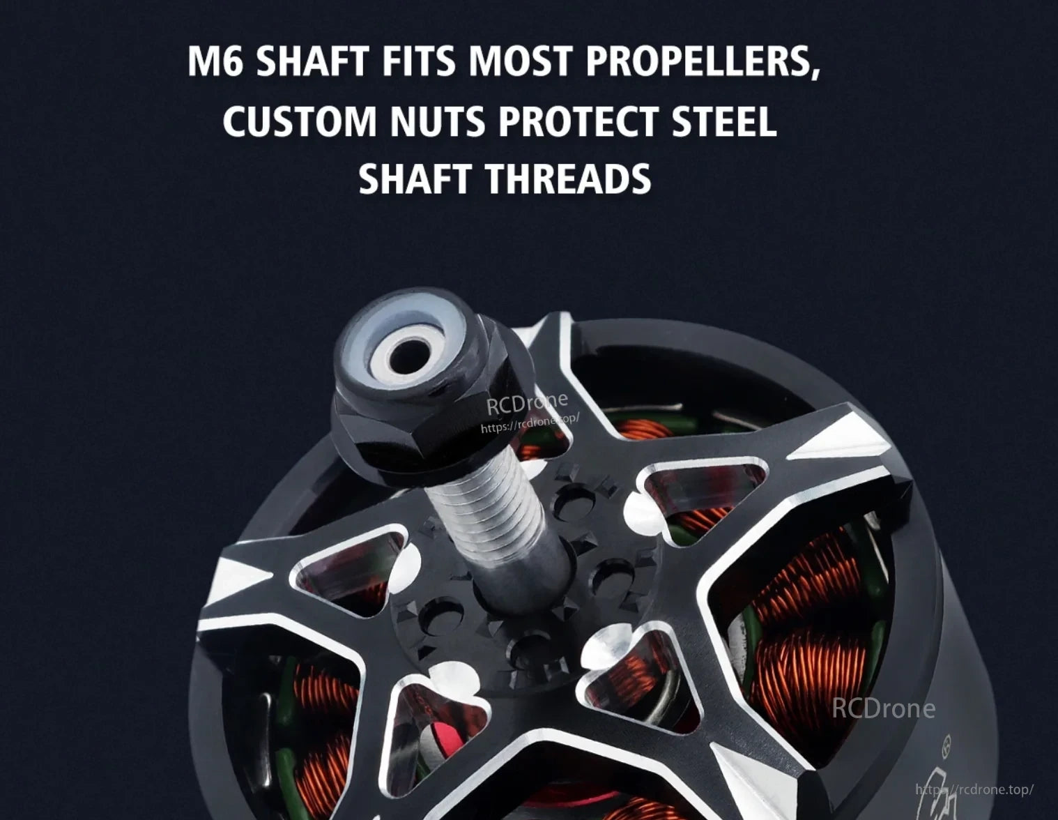 Close-up of BAT S4214 motor top with M6 threaded shaft and lock nut for propeller mounting