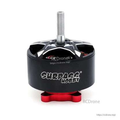 Front view of Surpass Hobby brushless motor with centered M6 threaded shaft and red base mount