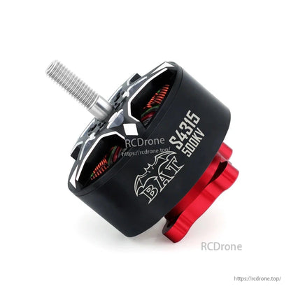 Angled close-up of BAT S4315 500KV marking on motor can with threaded shaft and red base