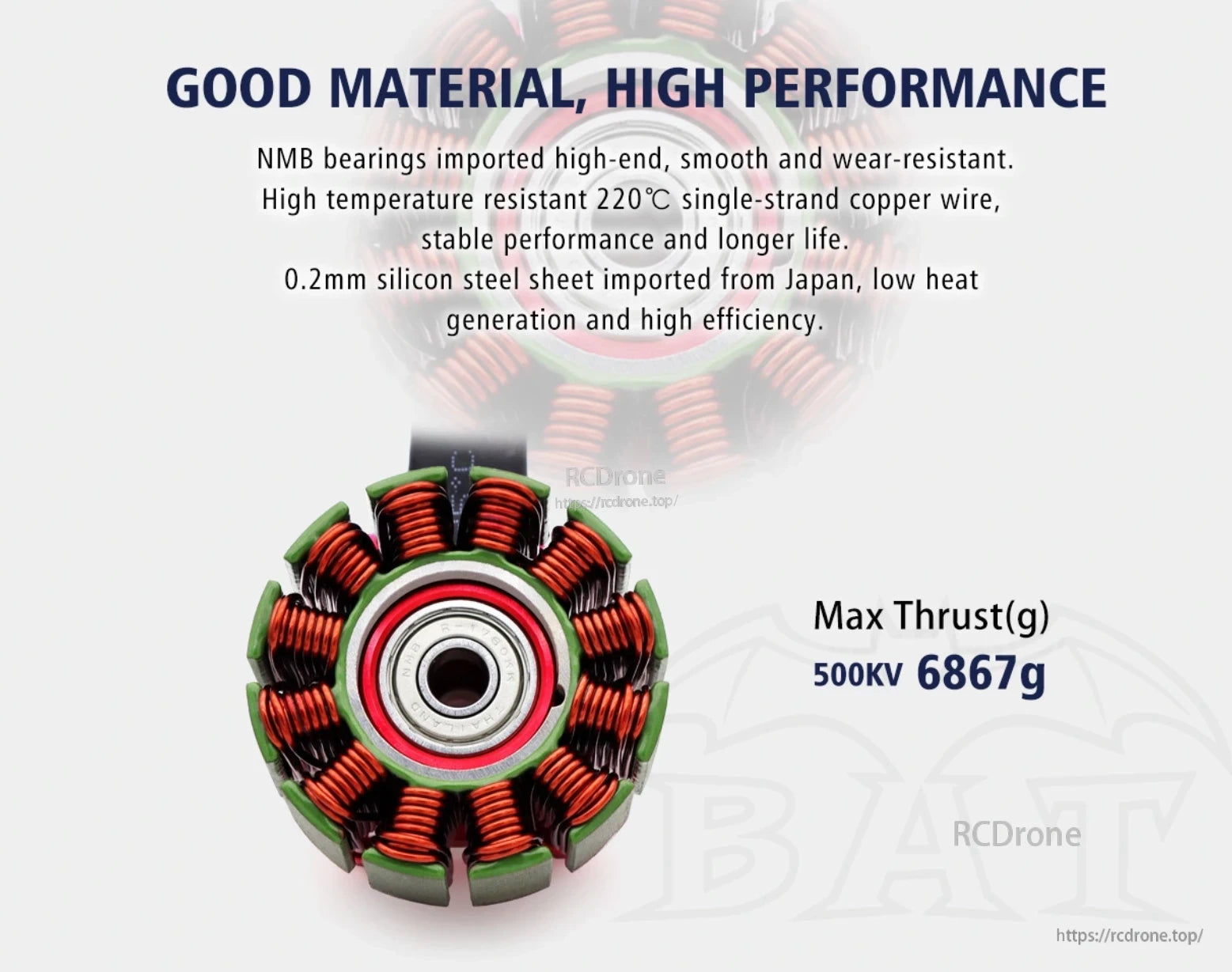 Stator and bearing view highlighting NMB bearings, high-temp copper windings, and 6867 g max thrust note