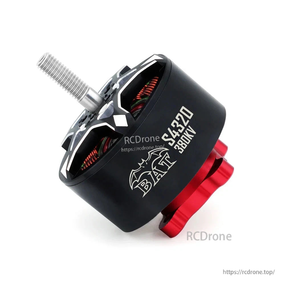 Angled view of BAT S4320 380KV motor showing top vents, threaded shaft, and red mount base