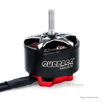 Side view showing Surpass Hobby logo on motor can, red base mount, and attached wire lead