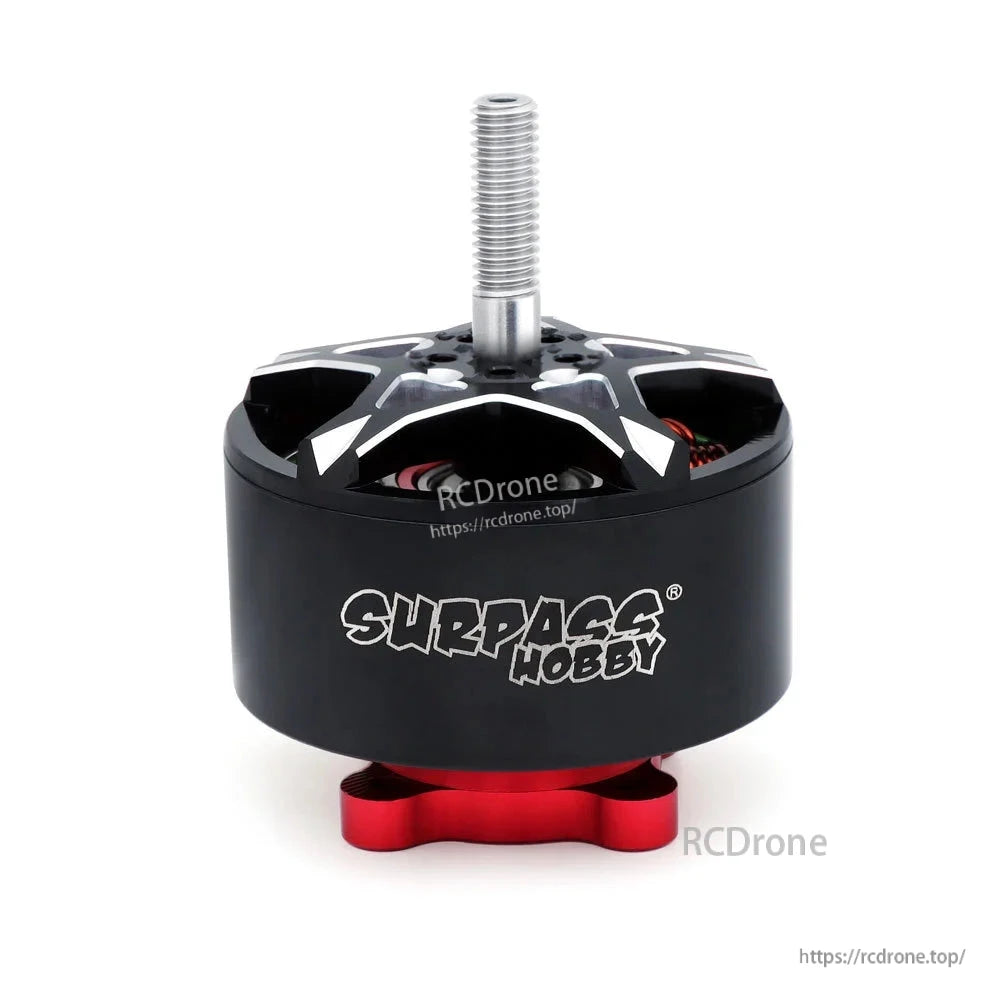 Surpass Hobby motor side profile with Surpass Hobby text on can and red mounting base