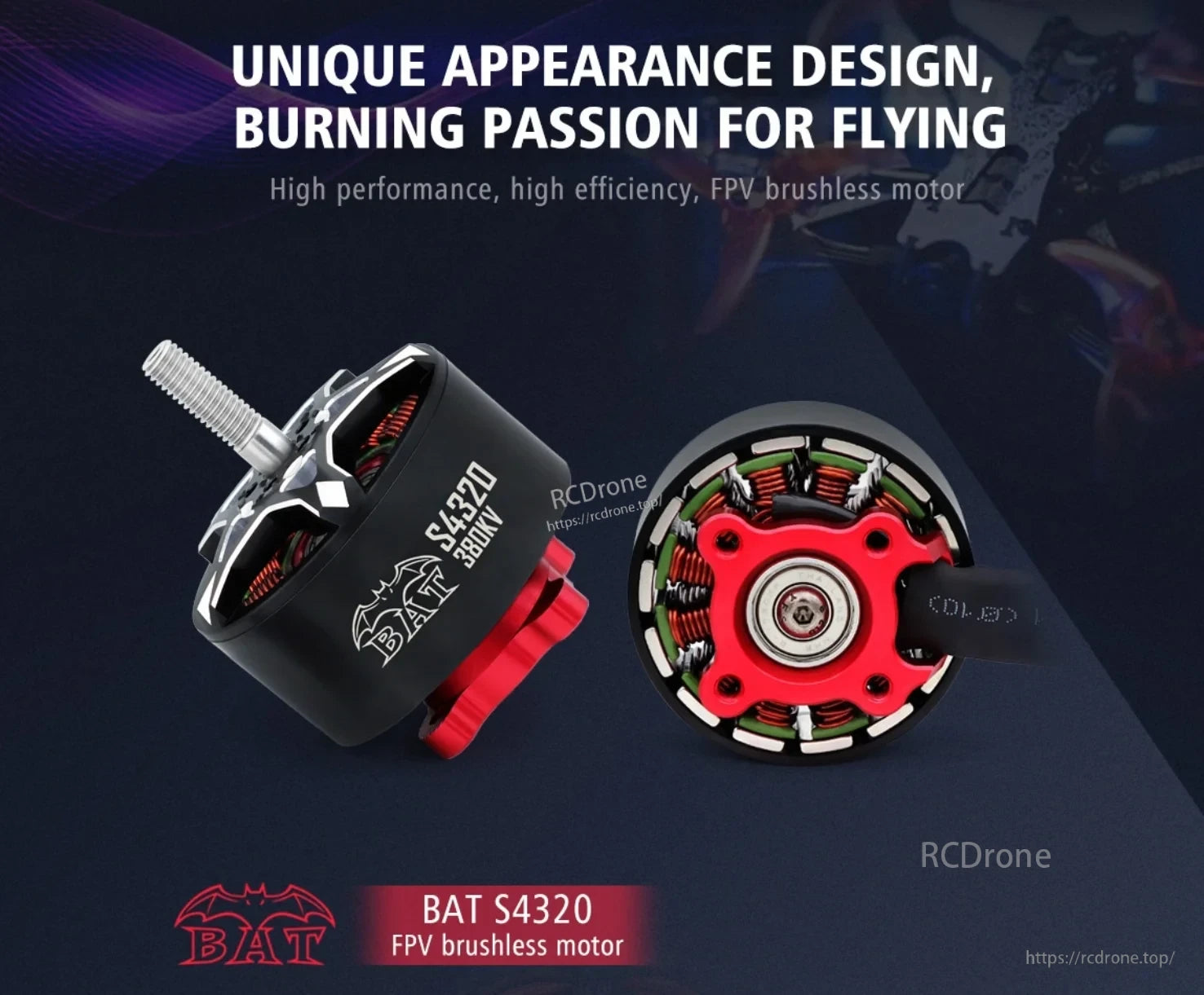 Surpass Hobby BAT S4320 380KV FPV brushless motor overview with red base and M6 shaft