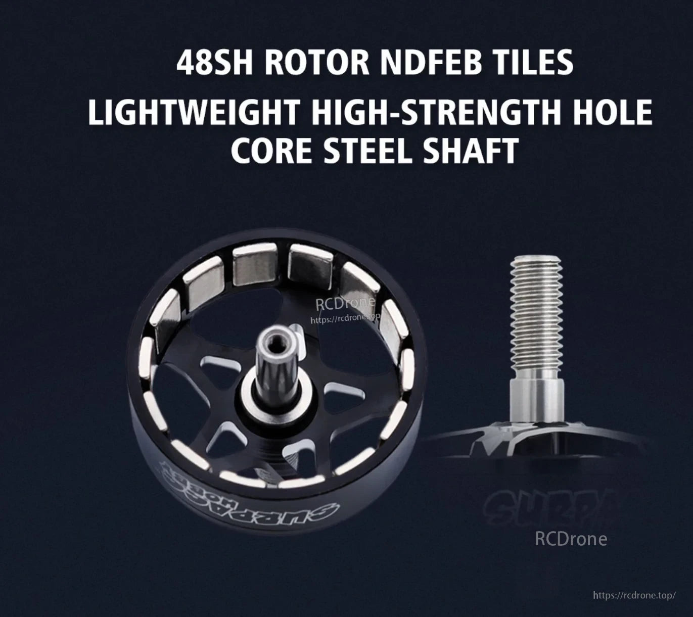 Rotor assembly detail with 48SH rotor magnet tiles and hollow core steel shaft construction