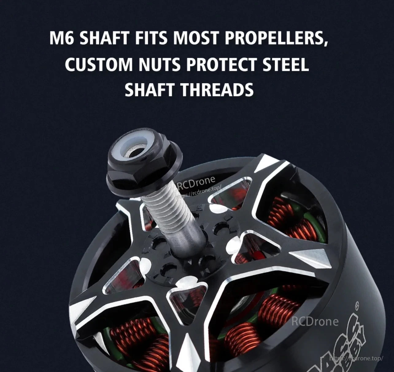 Close-up of M6 motor shaft and custom locking nut design to help protect steel shaft threads