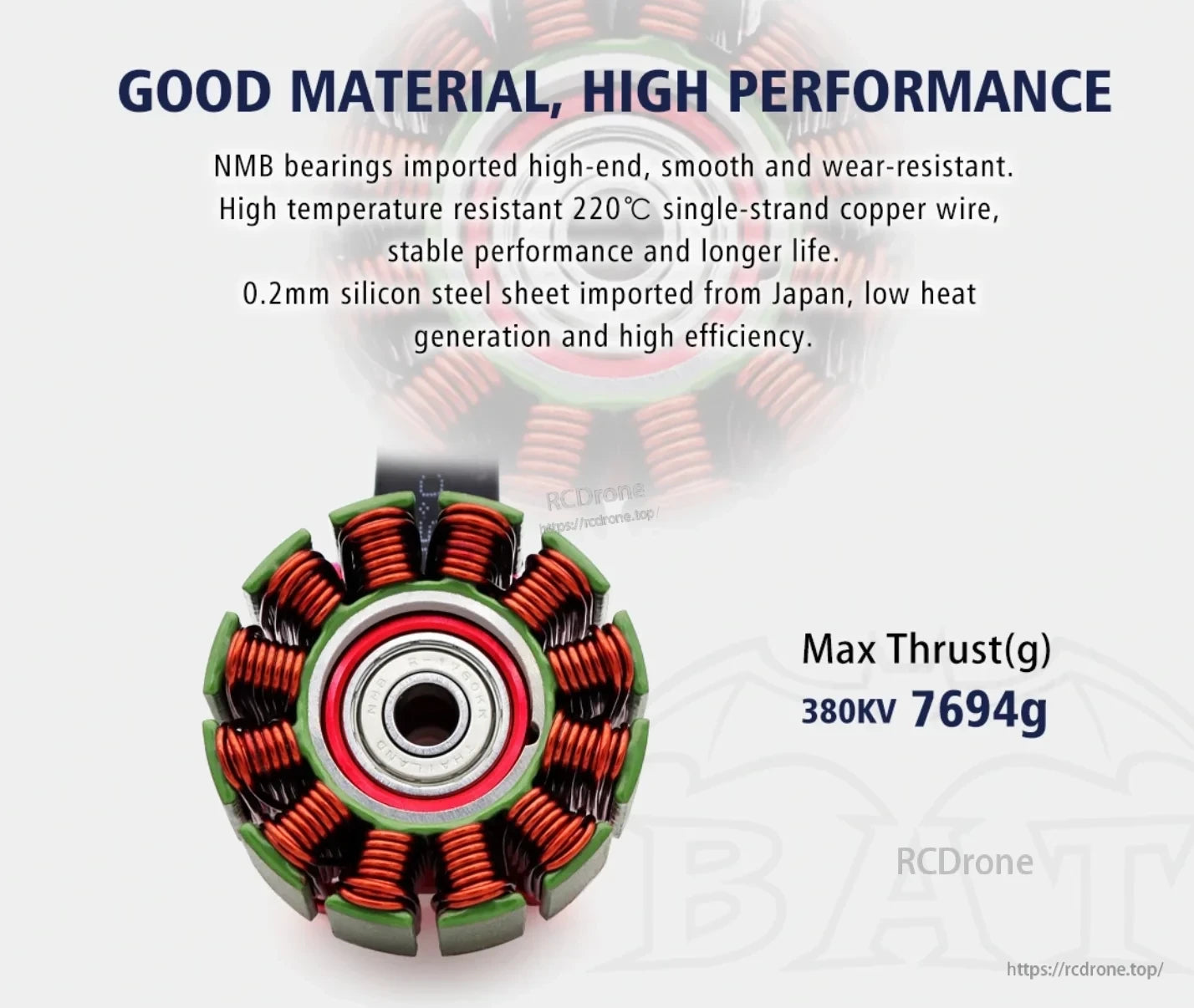 Stator and bearing materials graphic highlighting NMB bearings, high-temp copper wire and silicon steel sheet