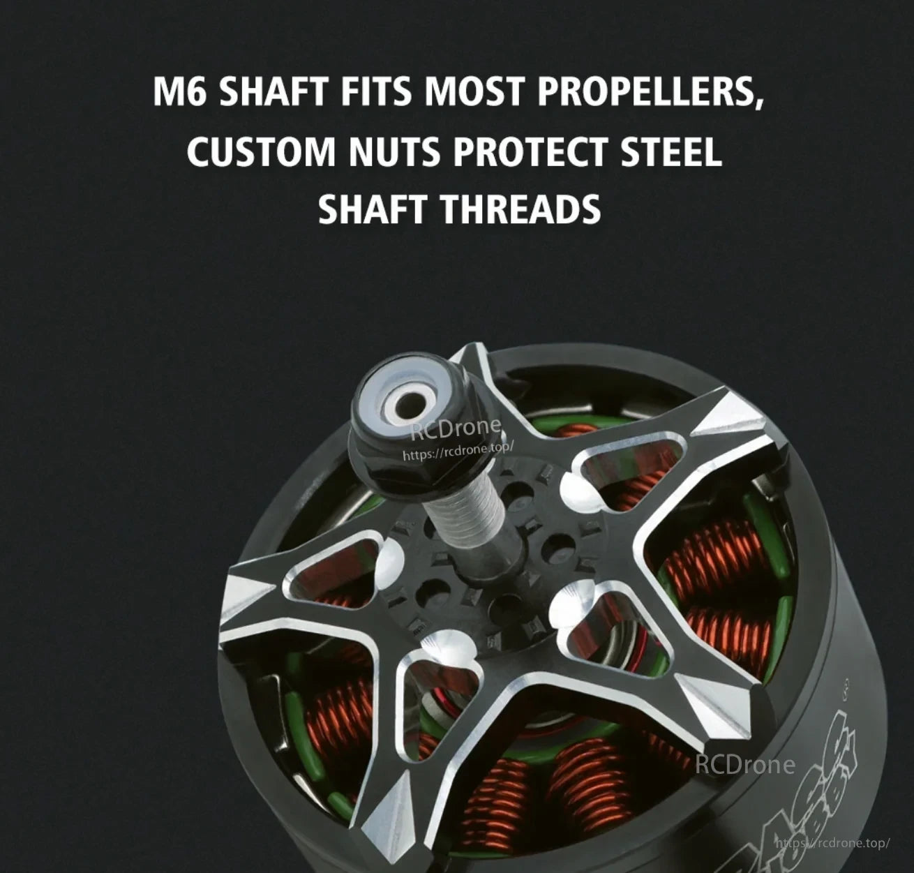 Top view of motor showing M6 threaded shaft, prop mount area, and custom nuts designed to protect shaft threads