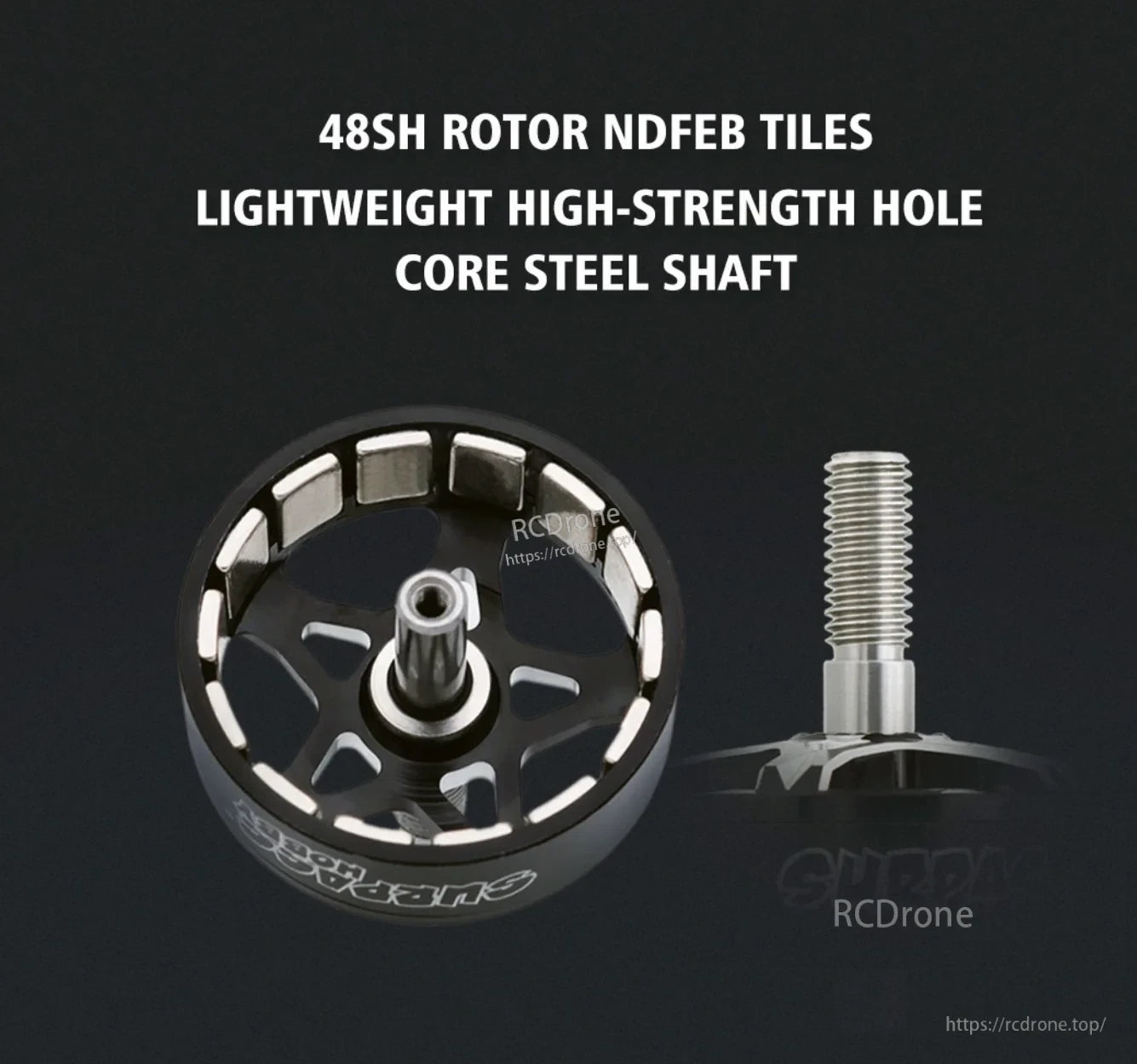 Rotor and shaft close-up with 48SH NdFeB magnet tiles and lightweight high-strength hollow steel shaft