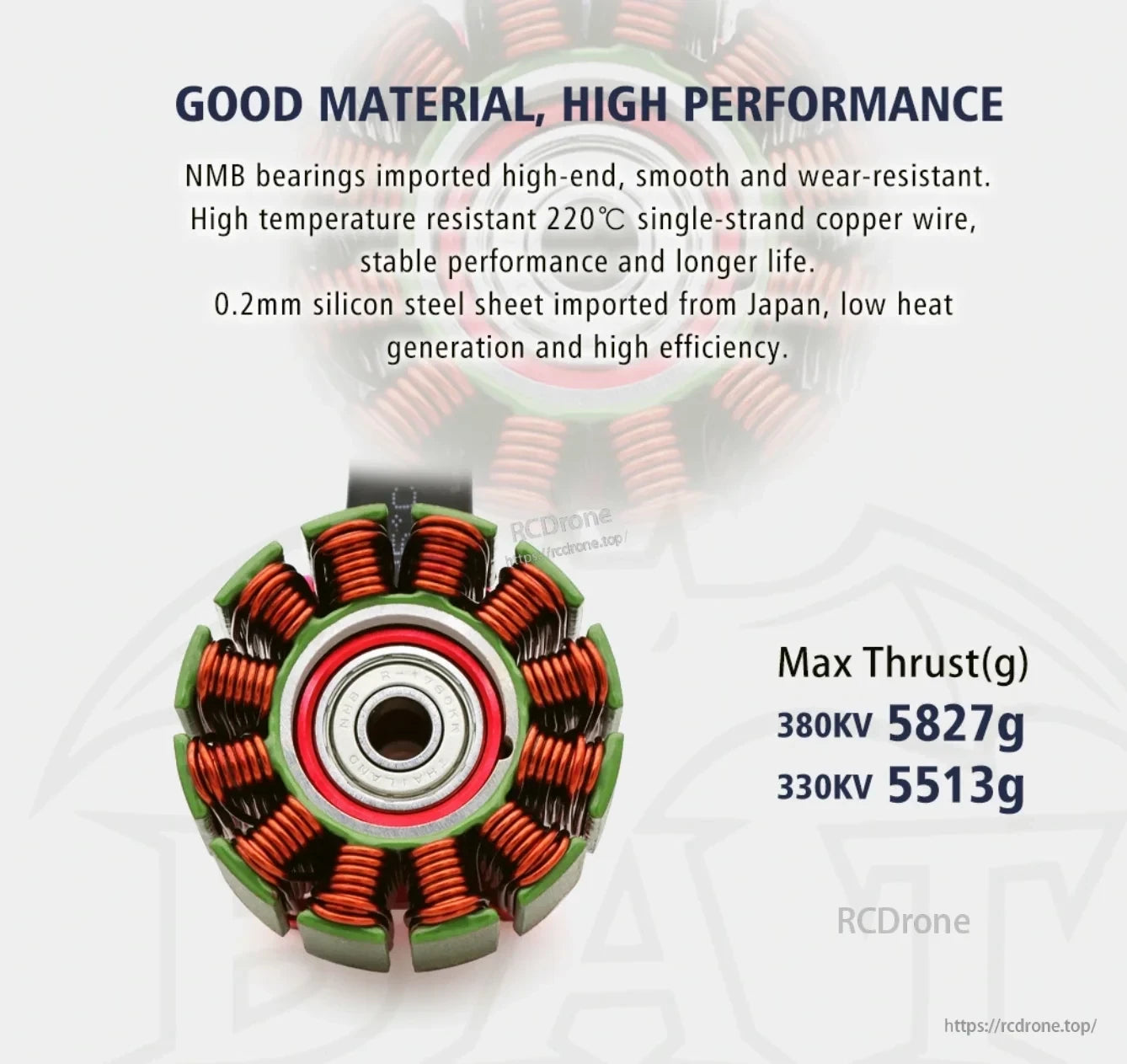 Stator winding and bearing view highlighting NMB bearings, 220°C copper wire and 0.2 mm silicon steel laminations