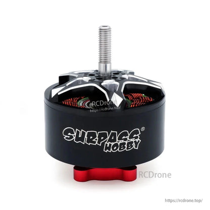 Surpass Hobby brushless FPV motor side view showing SURPASS HOBBY logo and red base mount